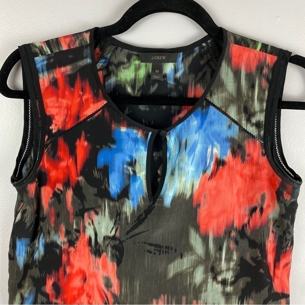 ✨3/$21✨ J. Crew 100% Silk Sleeveless Blouse Abstract Floral Black Red Size 00 - Picture 4 of 11